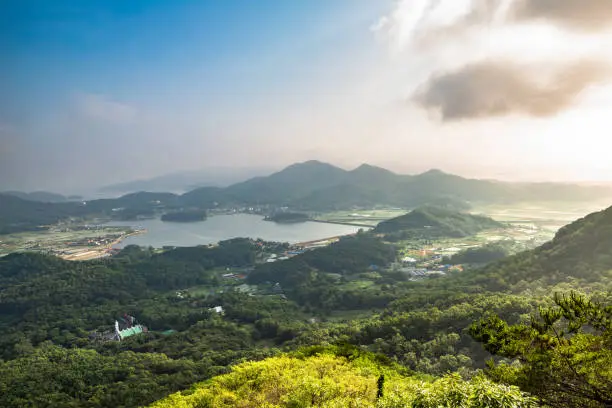 View of Ganghwado Island mountains from Goryeosan mountain Jeokseoksa temple in Incheon, Korea
