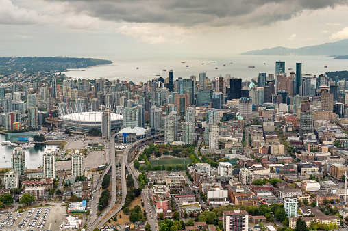 Vancouver, Canada - 01 September 2016: Wide angle aerial view over the city of Vancouver, British Columbia, Canada. Vancouver is a seaport on the west coast of British Columbia.