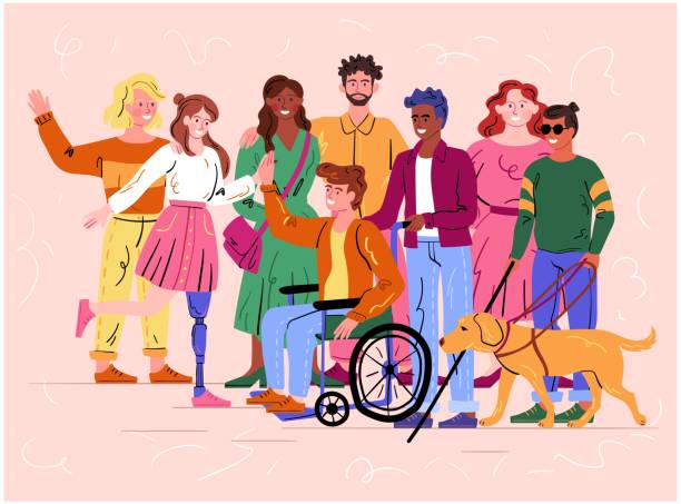 Group of diverse disabled people and guide dog Group of diverse happy smiling disabled people and guide dog with an assortment of different handicaps on a pink background, colored vector illustration disability illustrations stock illustrations