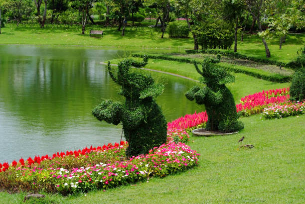 Topiary gardens. elephants created from bushes at green animals. landscape design. Grass figure of elephants, topiary figure