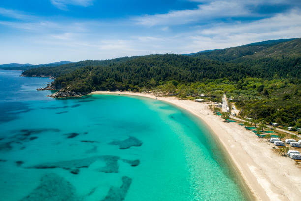 Aerial view of Armenistis beach on the Sithonia peninsula, in the Chalkidiki , Greece Aerial view of Armenistis beach on the Sithonia peninsula, in the Chalkidiki , Greece halkidiki beach stock pictures, royalty-free photos & images