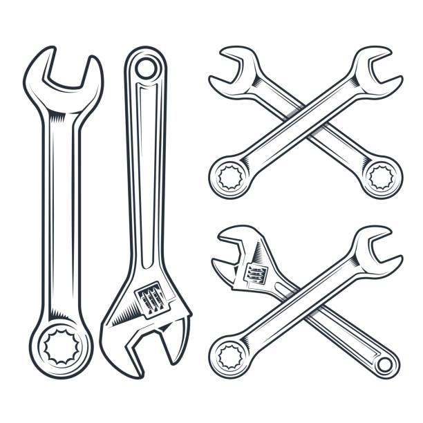 ilustrações, clipart, desenhos animados e ícones de chave inglesa e chave inglesa ajustável. ícone de ferramentas de reparo isolado no fundo branco. - wrench