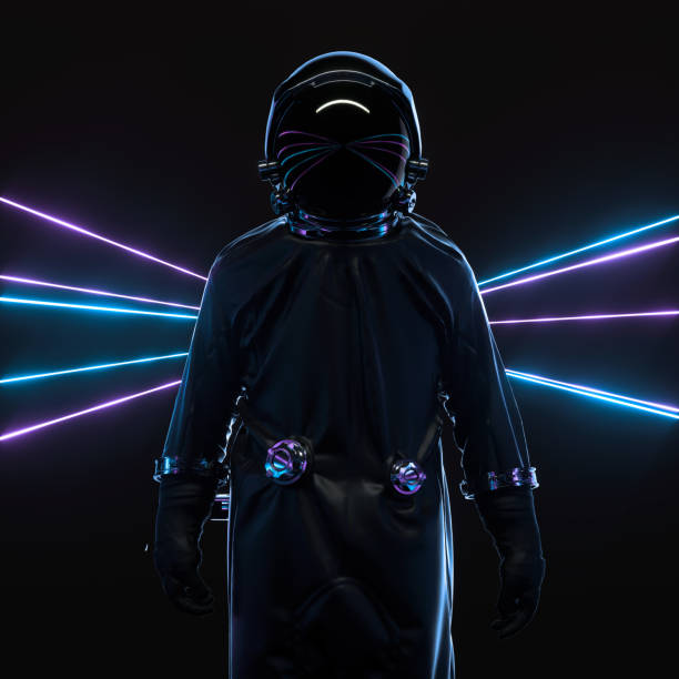 istock Futuristic astronaut in a space suit is surrounded by laser beams. Neon lights. 1248973885