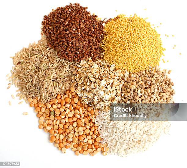 Piles Of Different Types Of Grains Stock Photo - Download Image Now - Wholegrain, Barley, Cereal Plant