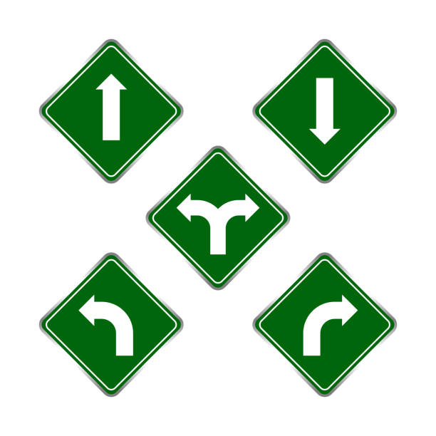 ilustraciones, imágenes clip art, dibujos animados e iconos de stock de señales de tráfico verde conjunto, señal de tráfico verde aislado en blanco, señal de precaución para la dirección, señal de carretera y flecha blanca apuntando - turning right