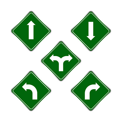 road signs green set, traffic road sign green isolated on white, signpost caution for direction, road sign and white arrow pointing