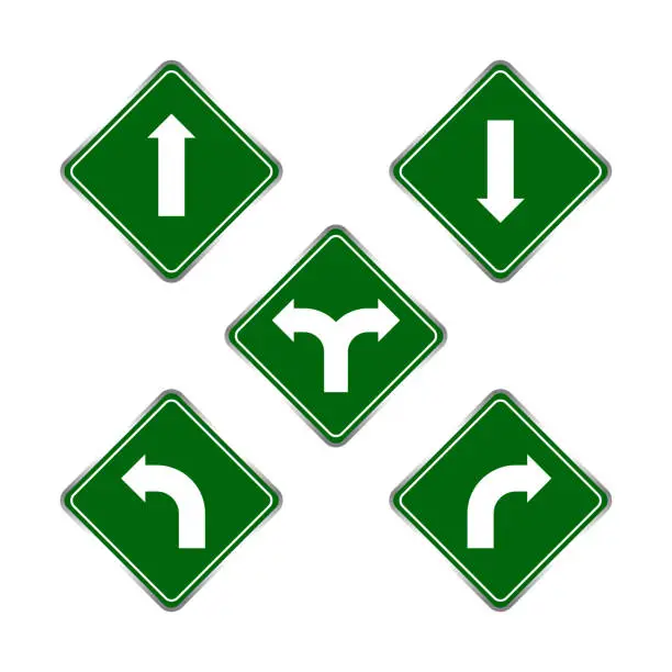 Vector illustration of road signs green set, traffic road sign green isolated on white, signpost caution for direction, road sign and white arrow pointing