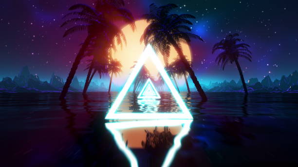 istock Retro futuristic synthwave landscape. Vintage sci-fi VJ 80s stylized animation 1248977078