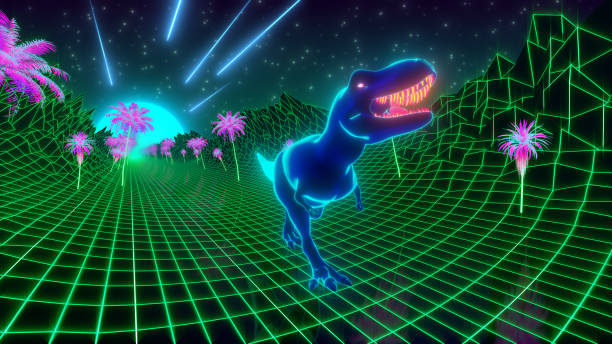 istock 80s retro style wallpaper background. T-Rex dinosaur walks through a neon jungle 1248978996