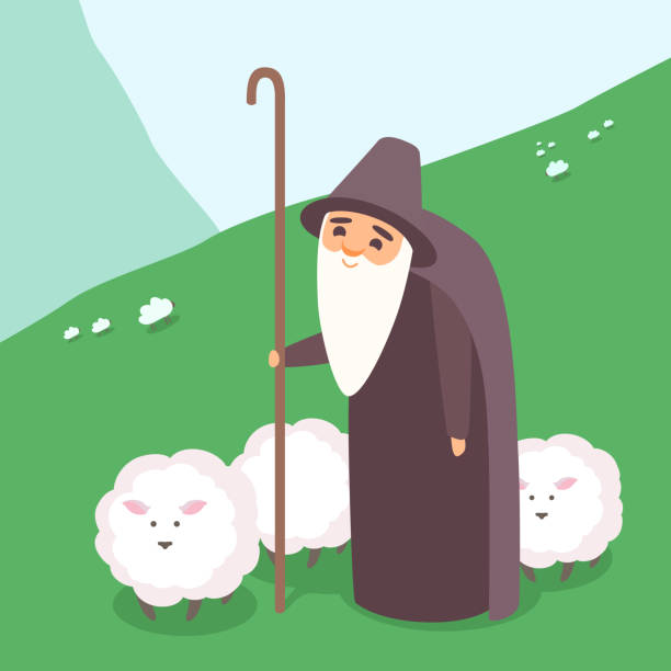 An Elderly Man Shepherd With Long Cane And Sheeps On A Landscape Of Green  Hills Bearded Grandfather Grazing Sheep Stock Illustration - Download Image  Now - iStock