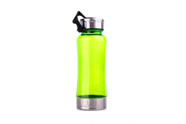 Green thermos or canteen water bottle isolated on white background.