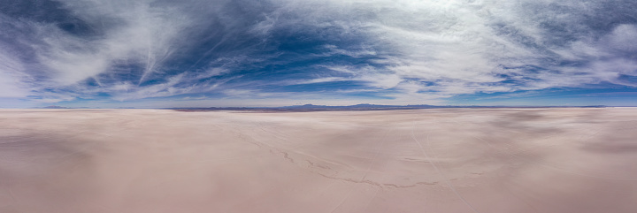 Aerial morning Gigapan 360 panoramic over Uyuni salar dessert. South of Bolivia.