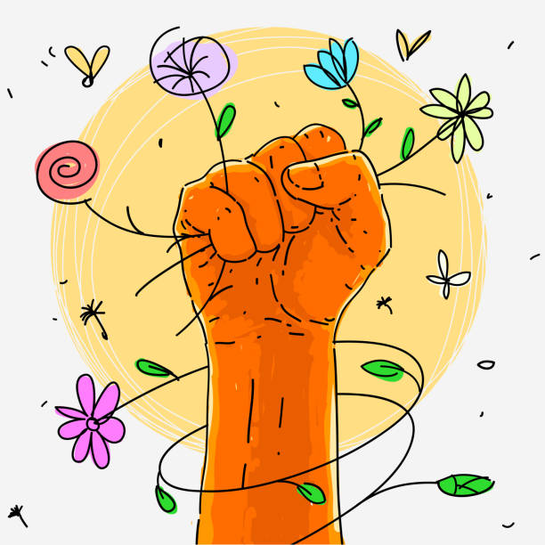 wektor ilustracja symbol fist rebellion z kwiatami - socialism stock illustrations