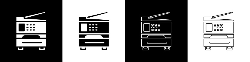 Set Printer icon isolated on black and white background. Vector Illustration