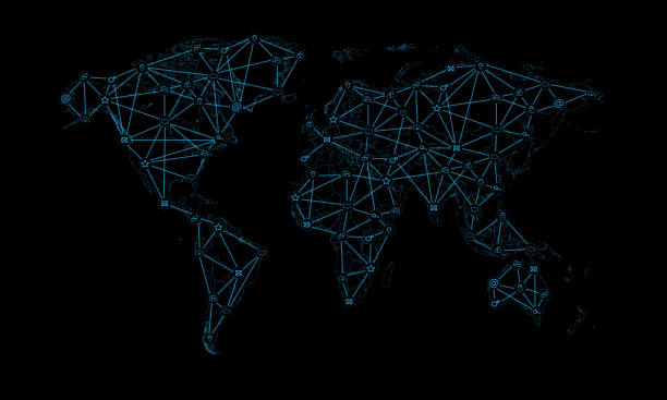 istock Social media network neon blue color on the world map and black background 1248987889