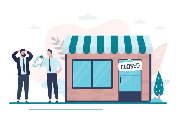Vector illustration of Shop closed. Empty storefront and plate on the door, the store is not working. Businessmen discuss financial loss