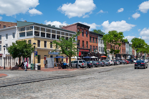 Street scene with historic buildings in Baltimore's Fells Point neighborhood