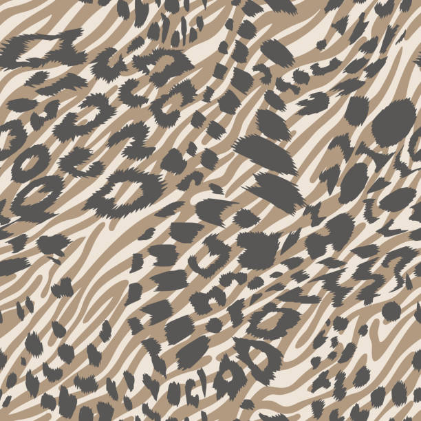Mixed zebra striped lines and leopard spotted fur skin print texture seamless pattern. Animal background. Abstract curved lines ornament. Geometric shapes. Good for textile, fabric, fashion design. Mixed zebra striped lines and leopard spotted fur skin print texture seamless pattern. Animal background. Abstract curved lines ornament. Geometric shapes. Good for textile, fabric, fashion design. animal body part stock illustrations