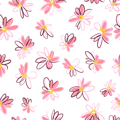Bright spring nature background. Ditsy seamless pattern made of artistic daisy flowers. Scattered daisies in simple minimalist style. Felt tip pen. Sketch design, outline drawing.