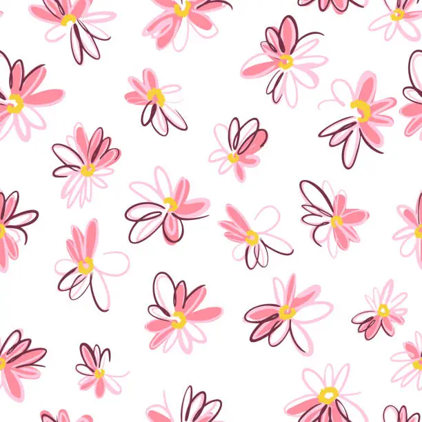 Vector illustration of Bright spring nature background. Ditsy seamless pattern made of artistic daisy flowers. Scattered daisies in simple minimalist style. Felt tip pen. Sketch design, outline drawing.