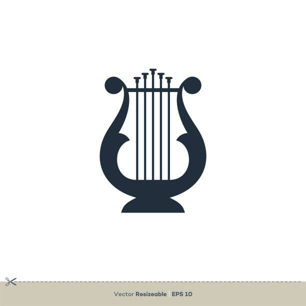 ilustraciones, imágenes clip art, dibujos animados e iconos de stock de diseño de ilustración de la plantilla de logotipo vectorial del icono del arpa. vector eps 10. - lyre