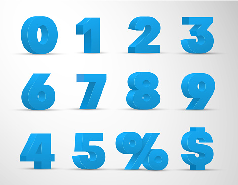 Blue arabic numerals realistic set in plastic style. 0, 1, 2, 3, 4, 5, 6, 7, 8, 9 three dimentional vector digits, percent, dollar sign with shadows for sale, promotional banner with discount.