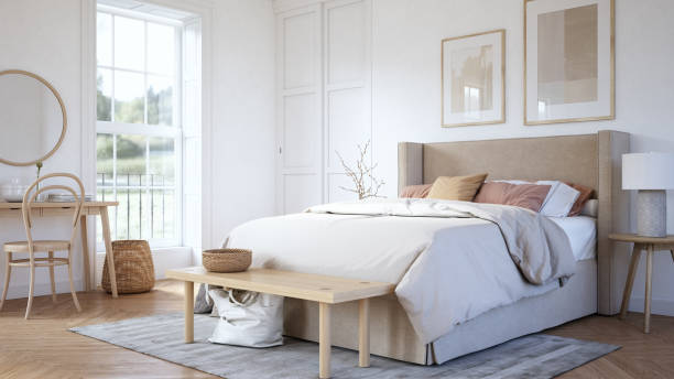 scandinavisch slaapkamerinterieur - stockfoto - kussen beddengoed stockfoto's en -beelden