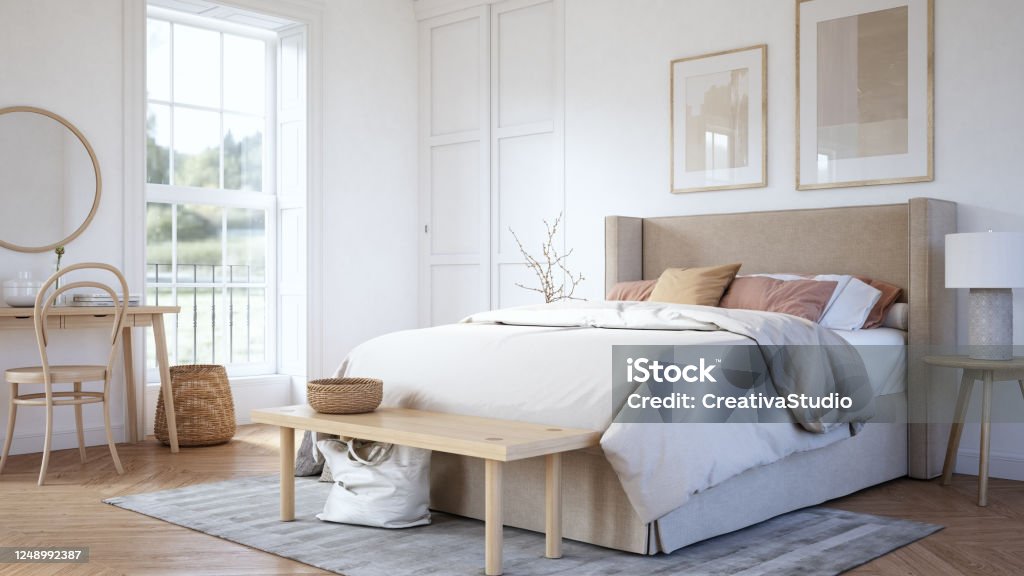 Scandinavian bedroom interior - stock photo Bedroom interior with wooden furniture, 3d render Bedroom Stock Photo