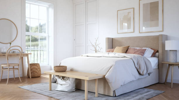 Scandinavian bedroom interior - stock photo Bedroom interior with wooden furniture, 3d render bedding stock pictures, royalty-free photos & images