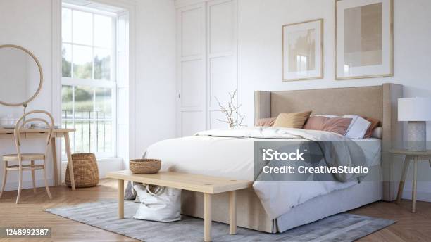 Scandinavian Bedroom Interior Stock Photo Stock Photo - Download Image Now - Bedroom, Bed - Furniture, Luxury