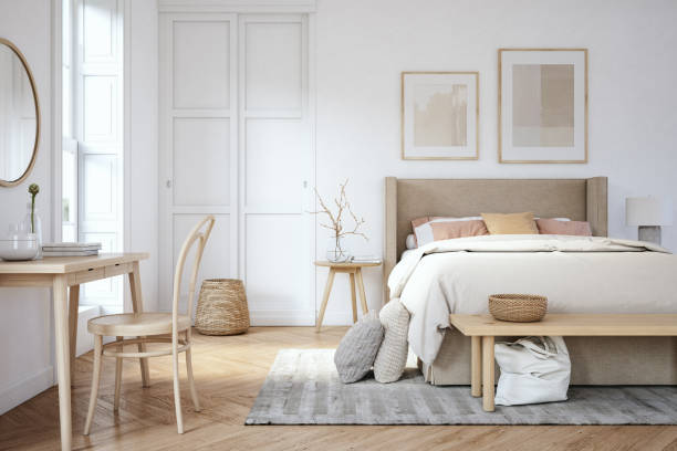 Scandinavian bedroom interior - stock photo Bedroom interior with wooden furniture, 3d render pink bed stock pictures, royalty-free photos & images