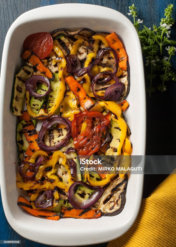 Vegan food grilled vegetables Vegan food grilled vegetables in plate Appetizer Stock Photo