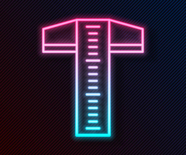 ilustrações de stock, clip art, desenhos animados e ícones de glowing neon line t-square line for professional drafting icon isolated on black background. vector illustration - letter t