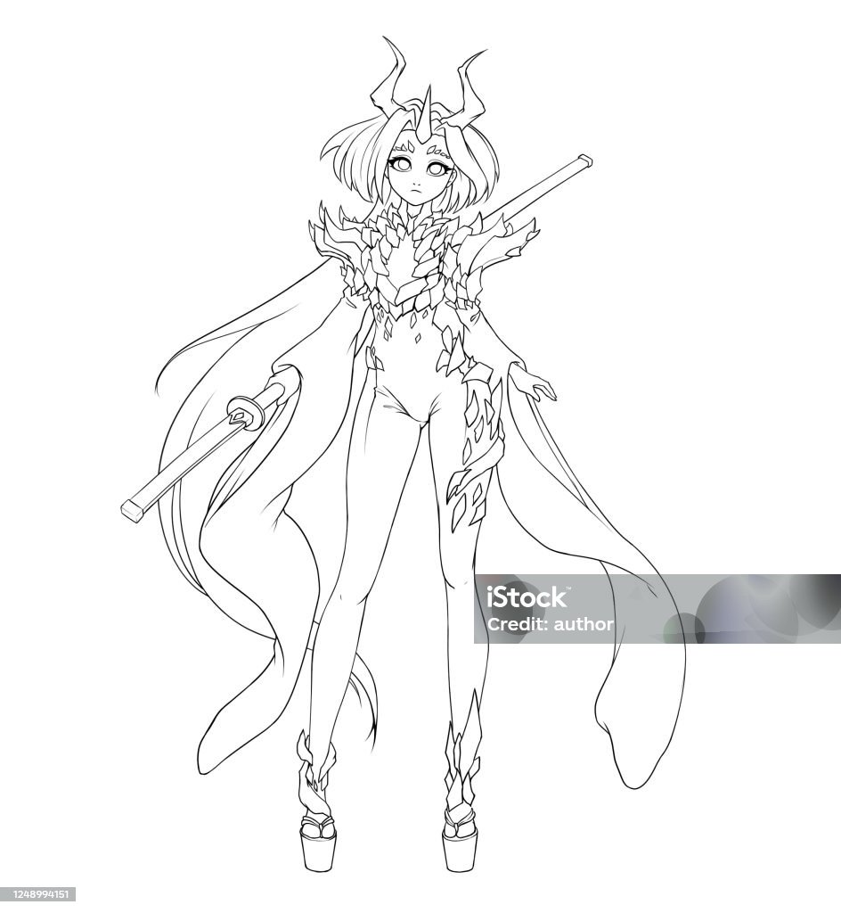 Pretty Demon Girl With Long Hair Horns And Katana Hand Drawn Contour Anime  Illustration Stock Illustration - Download Image Now - iStock
