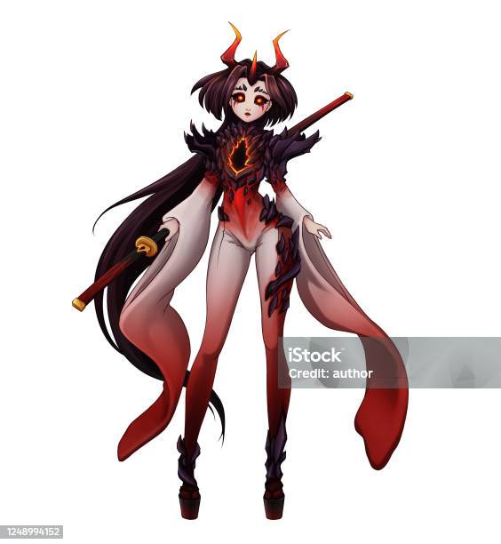 Pretty Demon Girl With Long Black Hair Red Horns And Black Katana Hand  Drawn Anime Illustration Stock Illustration - Download Image Now - iStock