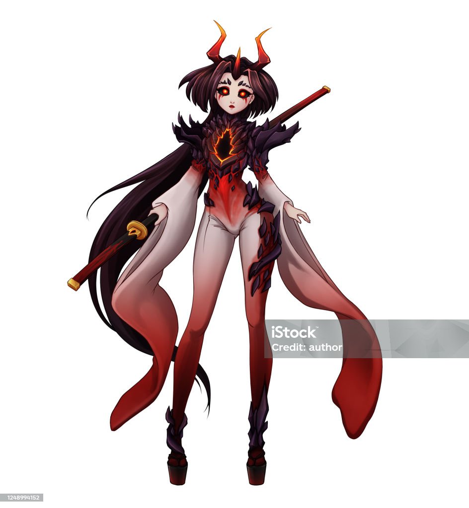 Cô Gái Quỷ Xinh Đẹp Với Mái Tóc Đen Dài Sừng Đỏ Và Katana Đen Vẽ ...