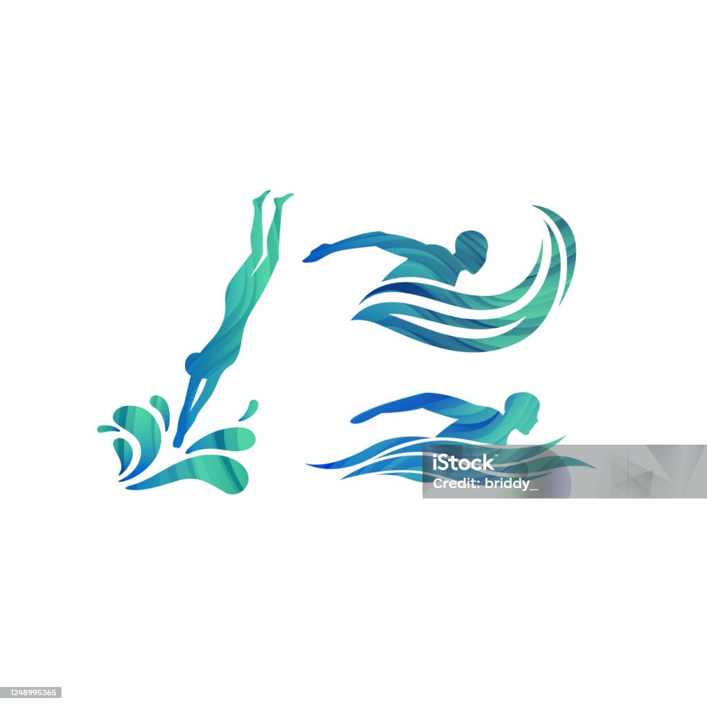 Vektor silhuetter av simmare. Koncept för simbassänger Logo, Tävlingar Icon och Symbol för Swim School. - Royaltyfri Simma vektorgrafik