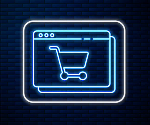 Glowing neon line Online shopping on screen icon isolated on brick wall background. Concept e-commerce, e-business, online business marketing. Vector Illustration Glowing neon line Online shopping on screen icon isolated on brick wall background. Concept e-commerce, e-business, online business marketing. Vector Illustration e commerce stock illustrations