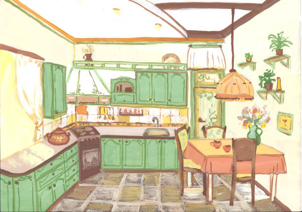 istock Sketch of a cozy, green kitchen, gouache 1248996199