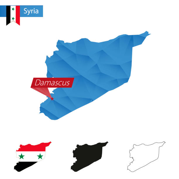 syrien blau low poly karte mit hauptstadt damaskus. - syria map cartography damascus stock-grafiken, -clipart, -cartoons und -symbole