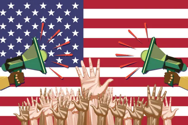 Vector illustration of Afro american and Caucasian people raised hands. Say no to racism!