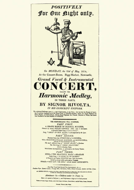 illustrazioni stock, clip art, cartoni animati e icone di tendenza di playbill dei primi anni del xix secolo per una band one man - playbill