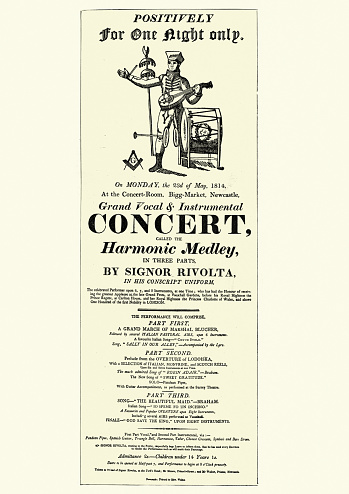 Vintage illustration of Early 19th Century playbill for a one man band, Harmonic Medley by Signor Rivolta