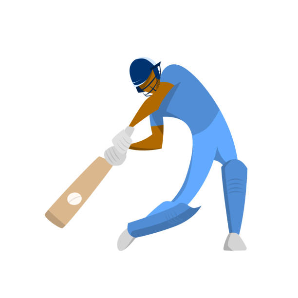 illustrazioni stock, clip art, cartoni animati e icone di tendenza di giocatore di cricket colpisce palla, cartone animato isolato illustrazione vettoriale. logo astratto del design piatto del cricket - battitore del cricket