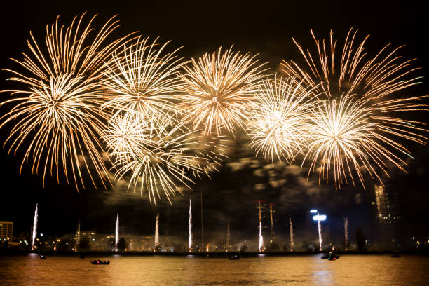 magnifique spectacle de feu. des éclaboussures de feu d’artifice dorés qui explosent dans la nuit. - independence spark fire flame photos et images de collection