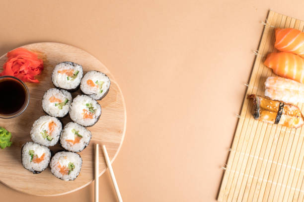Composition with delicious nigiri sushi and rolls
