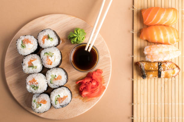 istock Composition with delicious nigiri sushi and rolls 1249002642