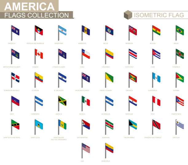 illustrazioni stock, clip art, cartoni animati e icone di tendenza di collezione di bandiera isometrica, paesi d'america. - barbados flag illustrations