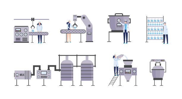 우유 및 유제품 공장 장비 및 기계 세트 - 식품 가공 공장 일러스트 stock illustrations