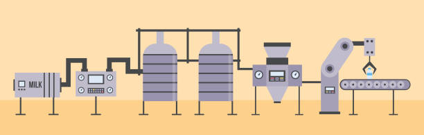 ilustrações, clipart, desenhos animados e ícones de equipamentos de fábrica de leite com sistema automatizado de pasteurização de laticínios - control panel factory control machine